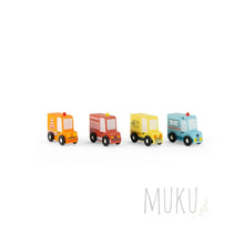 Load image into Gallery viewer, Moulin Roty set of 4 wooden trucks - wooden toy
