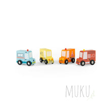 Load image into Gallery viewer, Moulin Roty set of 4 wooden trucks - wooden toy
