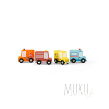 Load image into Gallery viewer, Moulin Roty set of 4 wooden trucks - wooden toy
