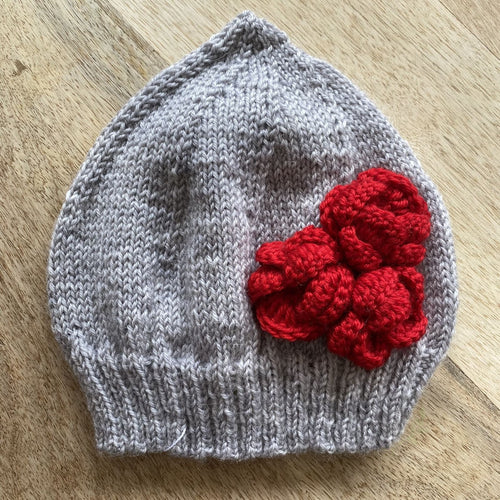 ACORN KIDS Pixi Beanie with Crochet Flowers - GREY + RED FLOWER / L (3 - 5y) baby apparel