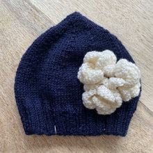 Load image into Gallery viewer, ACORN KIDS Pixi Beanie with Crochet Flowers - NAVY + WHITE FLOWER / XS (3 - 6m) baby apparel
