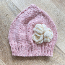 Load image into Gallery viewer, ACORN KIDS Pixi Beanie with Crochet Flowers - PINK + WHITE FLOWER / XL (5y - big kid) baby apparel
